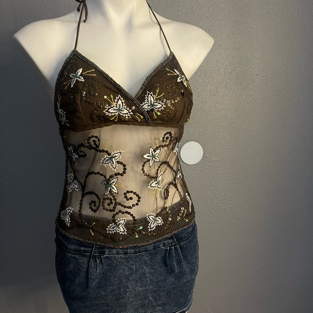 Embroidered Sheer Brown Halter Top